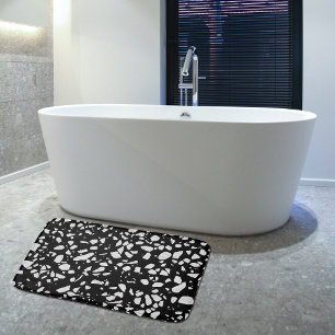 Abstract Terrazzo Mosaic Black and White Pattern   Bath Mat