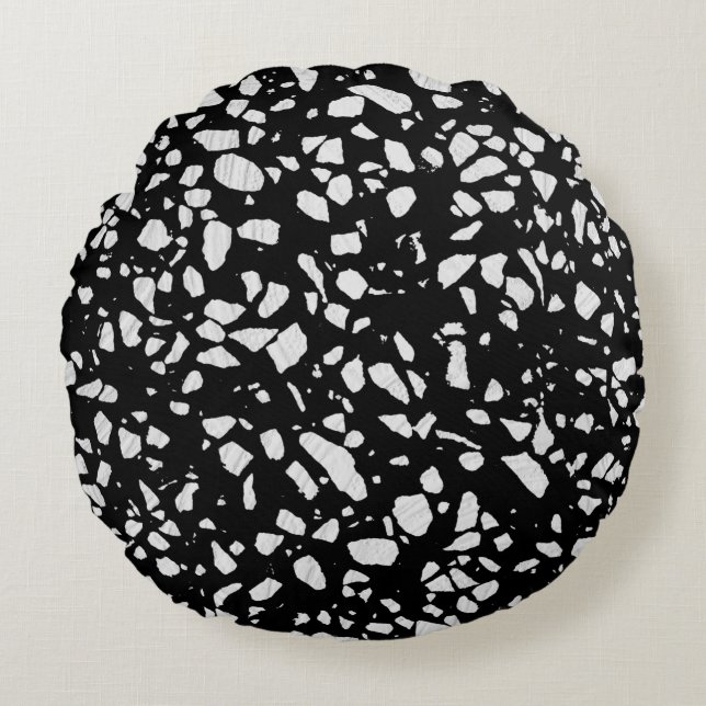 Abstract Terrazzo Mosaic Black and White Pattern Round Cushion (Front)