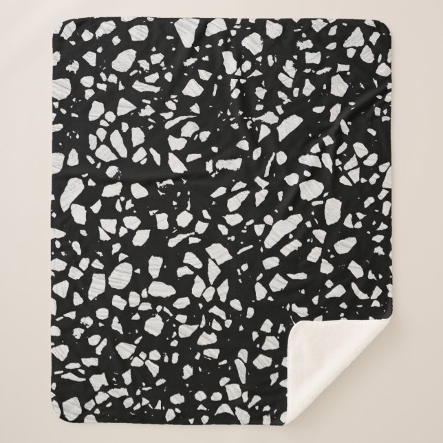 Abstract Terrazzo Mosaic Black and White Pattern Sherpa Blanket (Front)