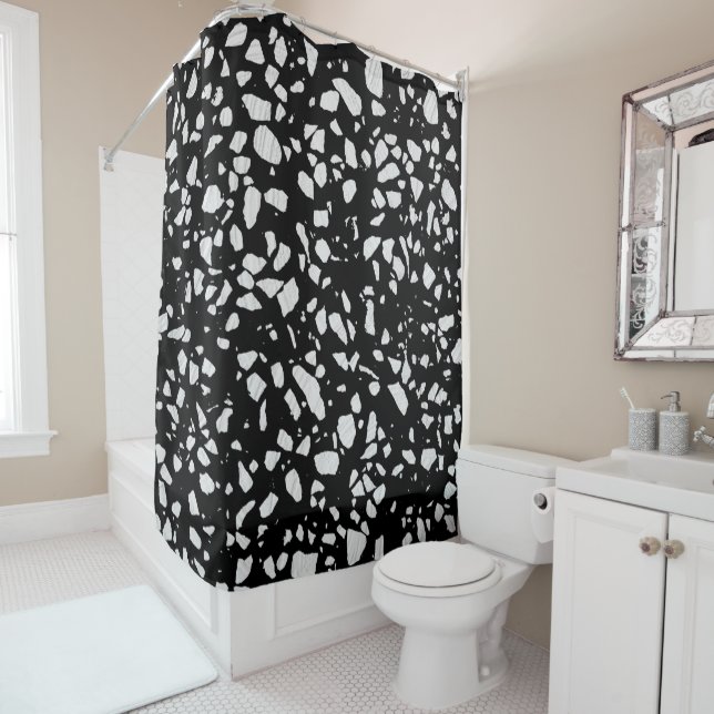 Abstract Terrazzo Mosaic Black and White Pattern  Shower Curtain (In Situ)