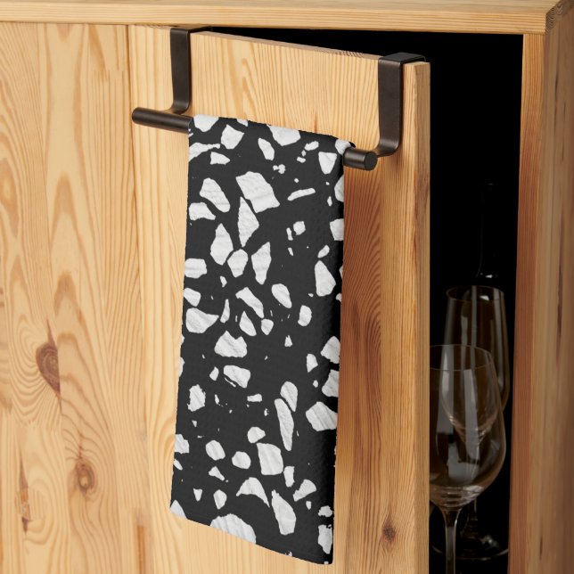 Abstract Terrazzo Mosaic Black and White Pattern   Tea Towel (Thirds Fold)