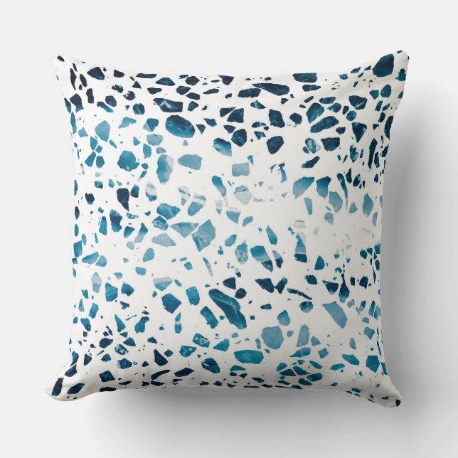Abstract Terrazzo Mosaic Navy & Light Blue Pattern Cushion (Front)