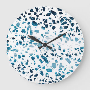 Abstract Terrazzo Mosaic Navy & Light Blue Pattern Large Clock