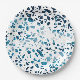 Abstract Terrazzo Mosaic Navy & Light Blue Pattern Paper Plate