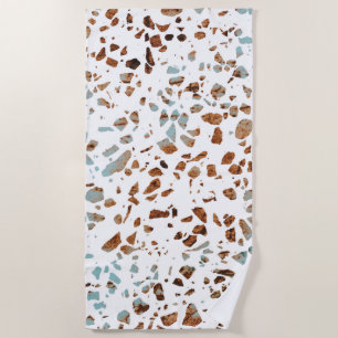 Abstract Terrazzo Mosaic Rust Brown & Blue Pattern Beach Towel