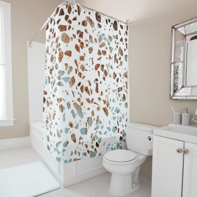 Abstract Terrazzo Mosaic Rust Brown & Blue Pattern Shower Curtain (In Situ)