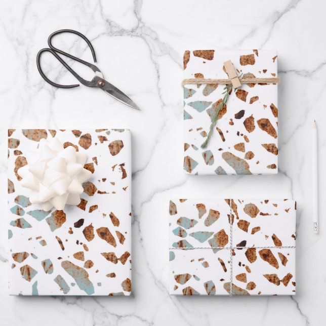 Abstract Terrazzo Mosaic Rust Brown & Blue Pattern Wrapping Paper Sheet (Front)