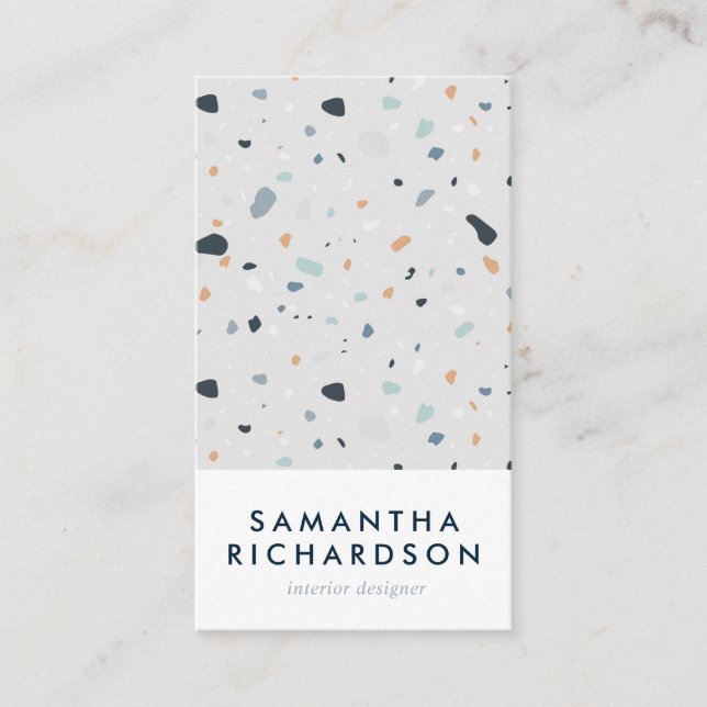 Abstract Terrazzo Pattern Light Blue & Navy Business Card (Front)