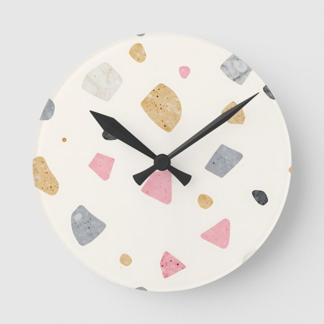 Abstract Terrazzo Pink Gray Gold Pattern Round Clock (Front)