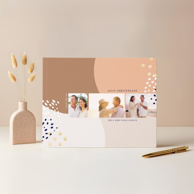 Abstract Three Photo Layout Beige Anniversary Guest Book (Abstract Three Photo Layout Beige Anniversary Guest Book)