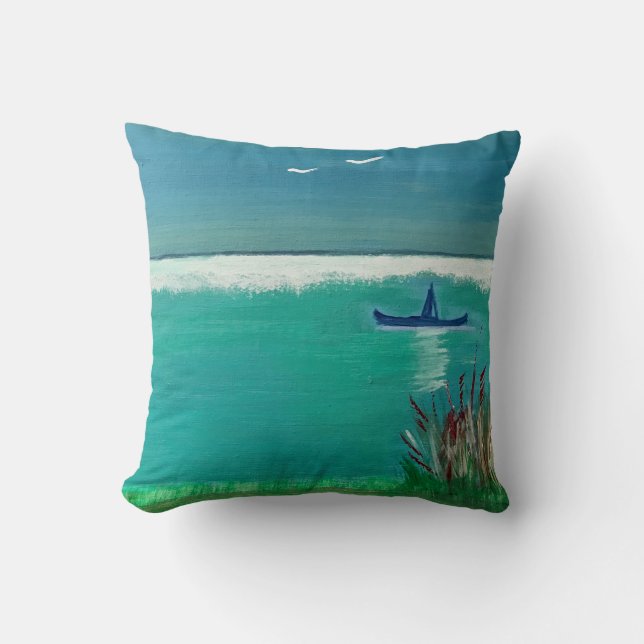 Abstract Throw Pillow - Seascape with Boat (Front)