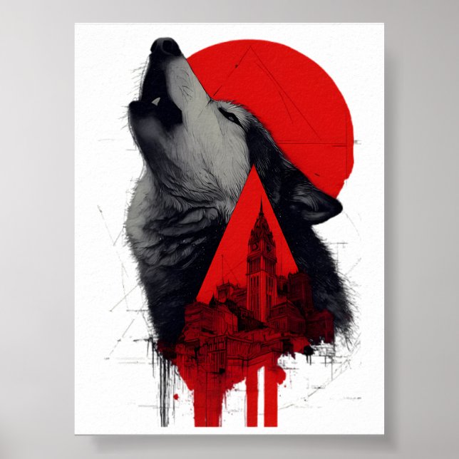 Abstract Trash Polka Howling Wolf Cityscape Poster (Front)