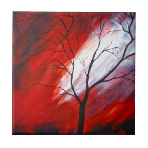Abstract Tree and Red Sky Tile