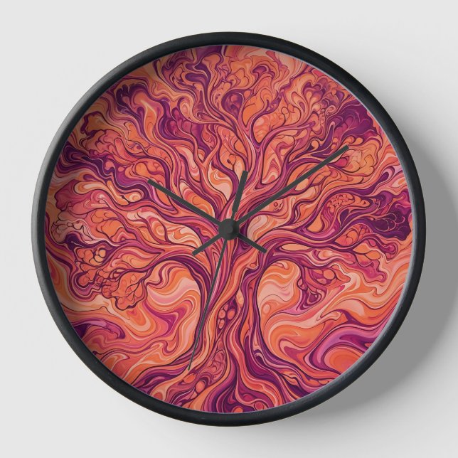 Abstract Tree Of Life Sunset Orange Liquid Clocks (Front)