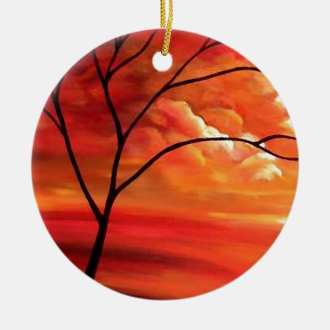 Abstract Tree & Red Sunset Ceramic Tree Decoration (Front)