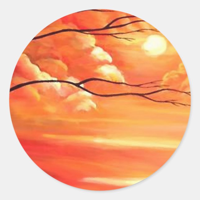 Abstract Tree & Red Sunset Classic Round Sticker (Front)