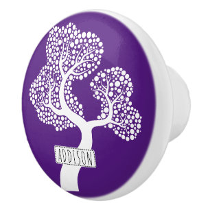 Abstract tree with circles and name royal purple ceramic knob