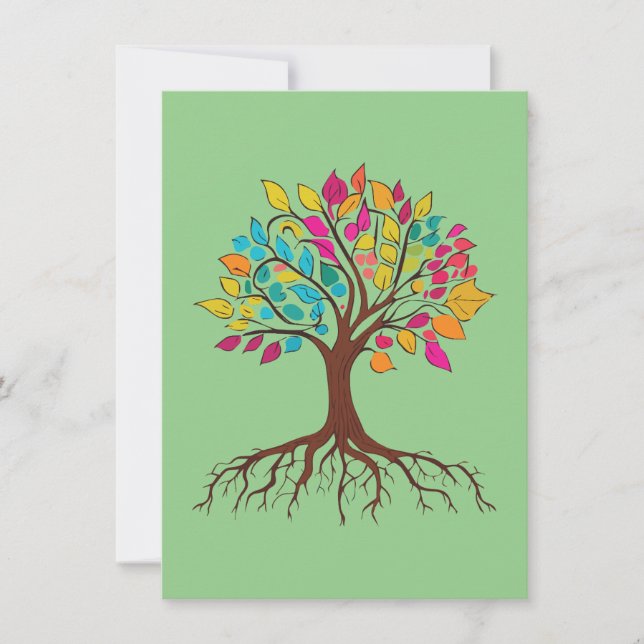 Abstract tree with roots and colourful leaves. card (Front)