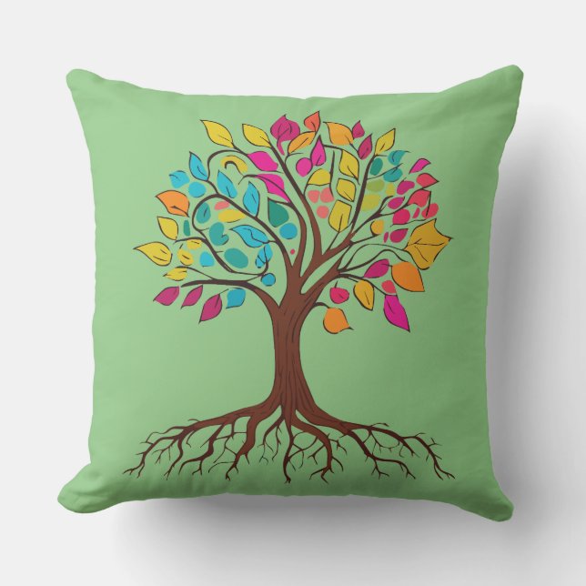 Abstract tree with roots and colourful leaves. cushion (Front)