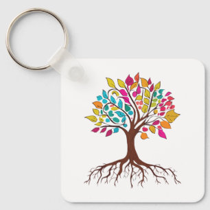 Abstract tree with roots and colourful leaves. key ring