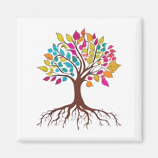Abstract tree with roots and colourful leaves. magnet (Front)