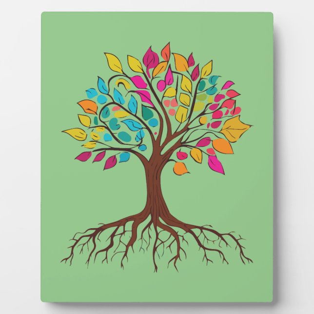 Abstract tree with roots and colourful leaves. plaque (Front)