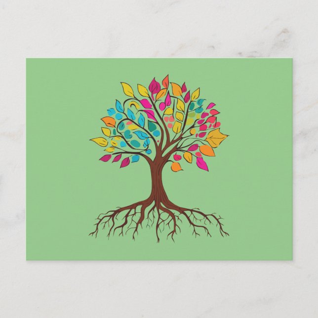Abstract tree with roots and colourful leaves. postcard (Front)