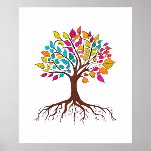Abstract tree with roots and colourful leaves. poster