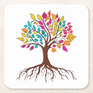 Abstract tree with roots and colourful leaves. square paper coaster