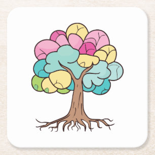 Abstract tree with roots and colourful leaves. square paper coaster
