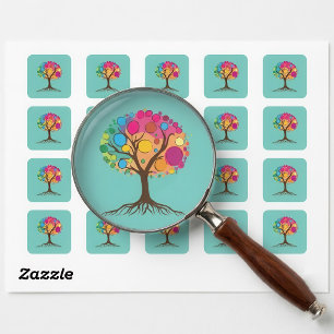 Abstract tree with roots and colourful leaves. square sticker