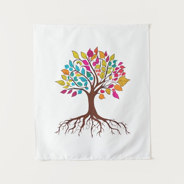 Abstract tree with roots and colourful leaves. tapestry (Front)