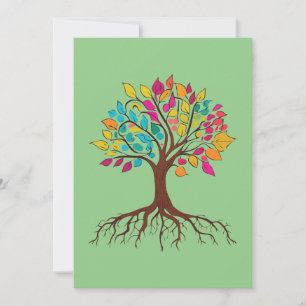 Abstract tree with roots and colourful leaves. thank you card