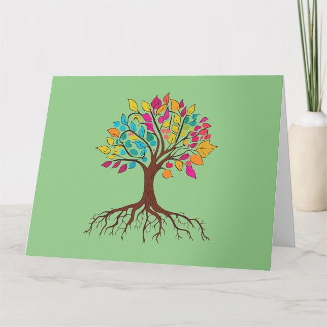 Abstract tree with roots and colourful leaves. thank you card (Front)