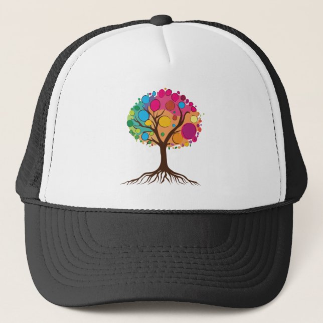 Abstract tree with roots and colourful leaves. trucker hat (Front)