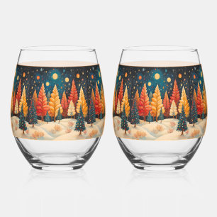 Abstract Trees Orange Red Yellow Green Stemless Wine Glass