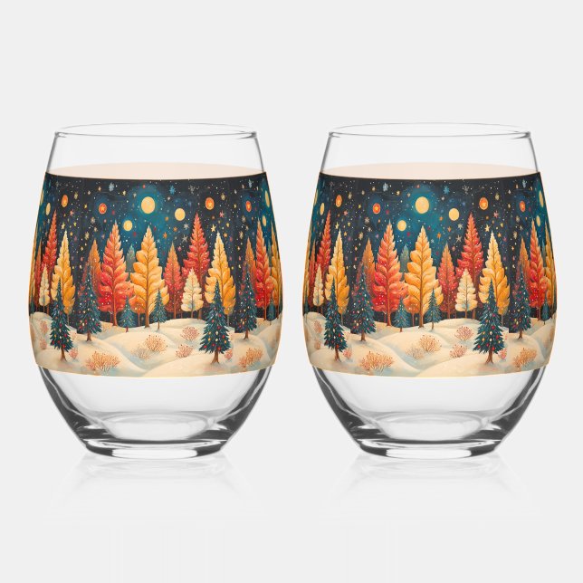 Abstract Trees Orange Red Yellow Green Stemless Wine Glass (Front)