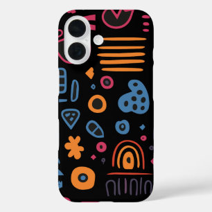 Abstract Tribal Doodle Neon Geometric Black iPhone 16 Case