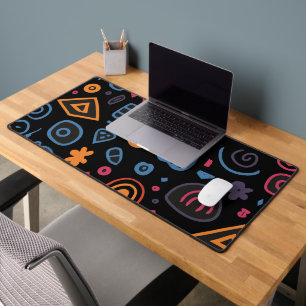 Abstract Tribal Doodle Neon Geometric Black Desk Mat