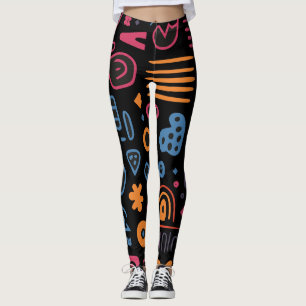Abstract Tribal Doodle Neon Geometric Black Leggings