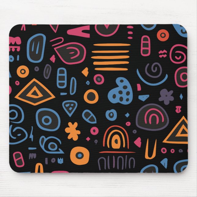 Abstract Tribal Doodle Neon Geometric Black Mouse Pad (Front)