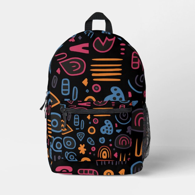 Abstract Tribal Doodle Neon Geometric Black Printed Backpack (Front)