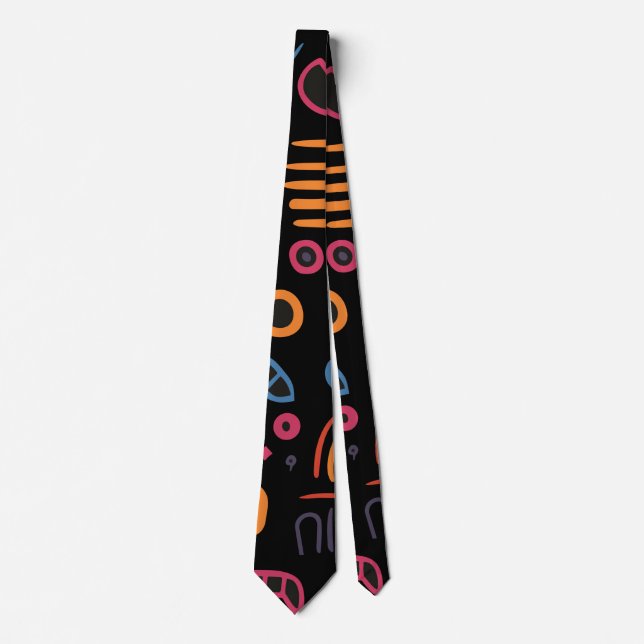 Abstract Tribal Doodle Neon Geometric Black Tie (Front)