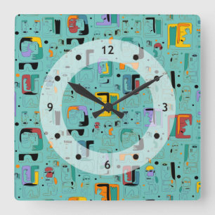 Abstract tribal maya ancient faces pattern 1 square wall clock