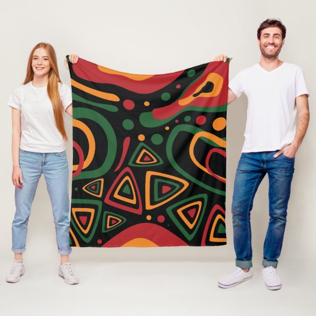 Abstract Tribal Shapes Pattern in Red, Gold, Green Fleece Blanket (In Situ)