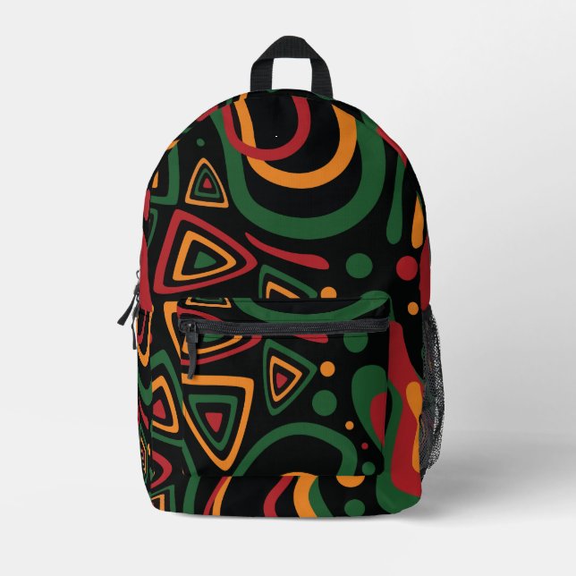 Abstract Tribal Shapes Pattern in Red, Gold, Green Printed Backpack (Front)