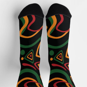 Abstract Tribal Shapes Pattern in Red, Gold, Green Socks