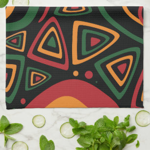 Abstract Tribal Shapes Pattern in Red, Gold, Green Tea Towel