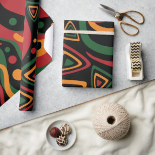 Abstract Tribal Shapes Pattern in Red, Gold, Green Wrapping Paper