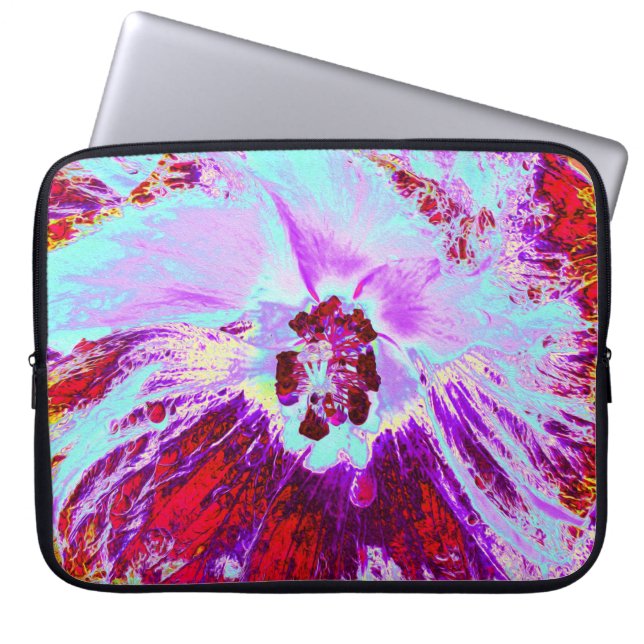 Abstract Tropical Aqua and Purple Hibiscus Flower Laptop Sleeve (Front)